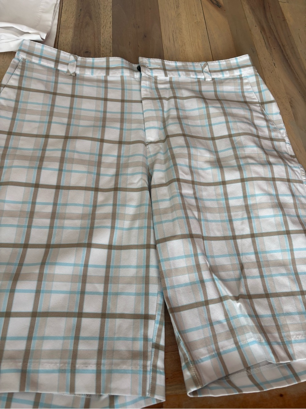 adidas Men's White Plaid Chino Shorts with Light Blue & Tan